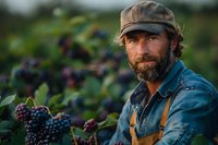Bearded Caucasian farmer in denim shirt and cap harvesting fresh blackberries at organic farm. Natural lighting highlights authentic agricultural lifestyle.