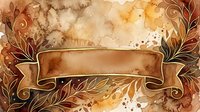 Watercolor autumn banner with golden floral ornaments and empty scroll ribbon on warm brown background, perfect for seasonal greeting cards.