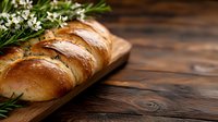 Fresh braided bread loaf on wooden cutting board decorated with white flowers and herbs, rustic dark wood background with copy space for menu design.