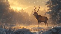 Majestic stag silhouetted against golden sunrise in misty winter forest landscape with snow covered ground and ethereal morning light streaming through trees.