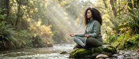 Young woman with curly hair meditating by forest stream in peaceful natural setting with sunlight filtering through trees for wellness and mindfulness.