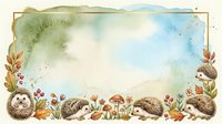 Watercolor hedgehogs and autumn foliage frame a serene landscape with mountains and sky, creating a charming border design suitable for stationery, invitations, children's books, and seasonal greeting cards.