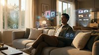 Young African American man relaxing on modern sofa using futuristic holographic interface technology in contemporary living room with warm sunlight.