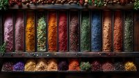 Vibrant array of colorful ground spices and seasonings displayed in wooden compartments with decorative herbs and dried flowers creating culinary background.