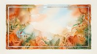 Watercolor autumn floral frame with warm orange, green, and blue tones, botanical leaves and berries, soft dreamy background for cards and invitations.