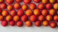 Vibrant red and orange spiky lychee fruits arranged in neat rows on white background, creating striking pattern of exotic tropical produce for food and culinary design.
