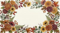Watercolor autumn floral frame with chrysanthemums, sunflowers, berries and fall leaves, forming an oval border on white background.