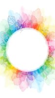 Colorful watercolor splash frame with line art icons around white circle for creative design projects and educational materials.