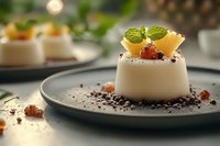 Creamy vanilla panna cotta dessert garnished with fresh fruit, mint leaves, and chocolate crumbs on dark ceramic plate, soft natural lighting creates elegant mood.