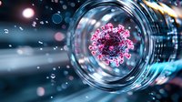 Microscopic view of virus cell in blue liquid with pink protein spikes, scientific visualization against dark background with bokeh light effects.