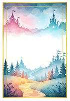 Watercolor fairy tale landscape with castles, mountains and golden path in pastel colors. Fantasy kingdom background for children stories and magical designs.