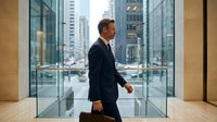 Confident Caucasian businessman in suit walking with briefcase past glass office building in urban financial district.
