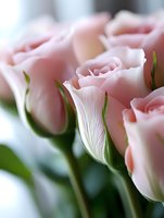 Delicate pink rose buds with soft petals in macro view against blurred background, showing gentle texture and fresh green leaves. Suitable for romantic designs.