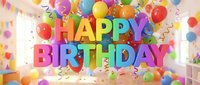 Colorful Happy Birthday text surrounded by balloons, confetti, and streamers in a festive party room, perfect for celebration cards and banners.