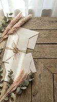 Blank cream envelopes tied with twine arranged on rustic wooden surface with dried pampas grass and eucalyptus branches for wedding stationery and event planning projects.