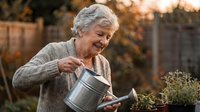 Senior Caucasian woman watering plants in garden during golden hour sunset, enjoying peaceful retirement hobby outdoors with metal watering can.