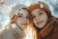 Two young Caucasian women in winter knit hats and scarves smiling at camera. Soft natural lighting, bokeh snowflake effect, warm tones create cozy winter atmosphere.