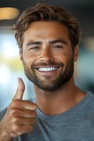 Handsome young Caucasian man with beard giving thumbs up gesture and bright smile in modern office environment for business success concepts.