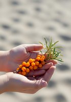 Close-up of hands holding fresh sea buckthorn berries with green leaves against sandy beach background. Harvesting organic fruit for natural health and wellness products.