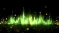 Glowing green sound waves with sparkles and light effects on dark background, audio visualization spectrum for music and voice recording technology.