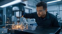 Professional machinist operating drill press in modern workshop with sparks flying from metal workpiece during precision manufacturing process.