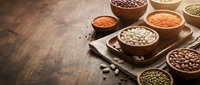 Assorted legumes and grains in wooden bowls on rustic table, including lentils, beans, and peas for cooking and nutrition content.