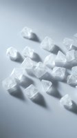 Raw clear quartz crystals scattered on white surface with soft shadows, suitable for mineral, wellness, and jewelry industry marketing materials.