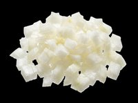 Diced white onion pieces pile, isolated on transparent background, ready for food clipart, stickers, recipe cards, print on demand, and kitchen-themed t-shirt design use.