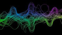 Abstract colorful wave lines flowing on black background with vibrant neon gradient from green to purple creating dynamic energy pattern for modern design.