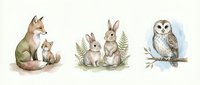 Watercolor woodland animals set featuring fox family, rabbits with ferns, and barn owl on branch for nursery decor and children's design projects.