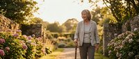 Senior woman walking with cane through blooming garden path during golden hour sunset, enjoying peaceful outdoor stroll among colorful flowers.