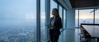 Businesswoman in dark suit holding tablet standing at floor-to-ceiling windows overlooking cityscape from high-rise office, suitable for corporate and business concepts.