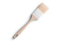 Paint brush with beige synthetic bristles and wooden handle on white background, isolated object for design projects and creative work.