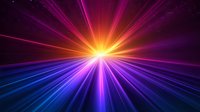 Vibrant light rays burst from central point creating dramatic starburst effect in pink, purple, blue and orange colors against dark background for abstract designs.