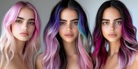 Young women with vibrant multicolored hair in pink, purple, and blue ombre styles showcase modern hair coloring trends against neutral background. Professional salon result.
