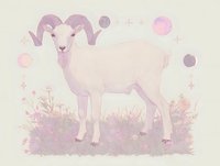 Mystical white ram standing in pink meadow with floating orbs and sparkles, soft pastel color palette creates dreamy atmosphere for nursery art and fairy tale designs.