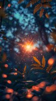 Magical forest scene with glowing orange sunburst through fern leaves, ethereal blue bokeh effect and floating light particles creating mystical atmosphere.