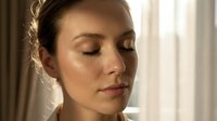 Young woman with natural makeup and glowing skin in soft morning light, eyes closed in peaceful meditation or relaxation moment at home.