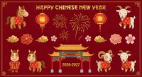 Chinese New Year celebration elements with zodiac animals, traditional lanterns, fireworks, temple gate and festive decorations on red background for holiday designs.