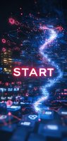 Glowing neon START text against futuristic digital network background with blue particle stream and pink molecular structures in dark cyberpunk setting.