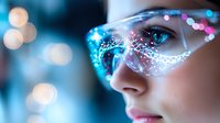 Close up view of protective eyewear with glowing neon lights and sparkles, showcasing futuristic safety equipment against blurred bokeh background in blue tones.