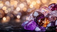 Vibrant amethyst and citrine crystals with bokeh lights in background create magical healing atmosphere, close up view of raw gemstones on dark surface.