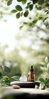 Essential oil amber bottle on zen stone with crystal and green leaves background, natural wellness spa setting for aromatherapy and meditation practice.