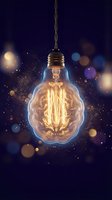 Vintage Edison bulb glowing with warm filament against dark background with bokeh lights creating magical atmosphere for creative projects.