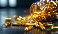Golden omega-3 fish oil capsules spilling from glass bottle on dark background with soft focus and warm lighting, showcasing health supplements.