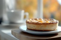 Homemade caramel cheesecake on white plate with blurred coffee cup in background, soft natural window lighting creates cozy autumn atmosphere.