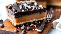 Layered chocolate caramel dessert bar with chocolate cookie base, gooey caramel center, dark chocolate ganache topping, sea salt and chocolate chips on wooden board.