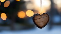 Rustic wooden heart ornament hanging against blurred golden bokeh lights and snowy winter background creates romantic holiday atmosphere.
