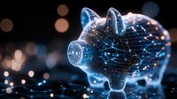 Digital wireframe piggy bank glowing with blue light and connected dots on dark background with bokeh effect represents financial technology and savings.