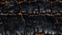 Charred black wood surface with glowing orange cracks creating dramatic pattern. Dark burnt texture with fiery embers showing through deep fissures. Abstract background.